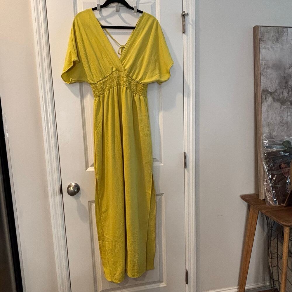 Yellow Maxi Dress Women’s Medium Smocked Waist Kimono Sleeve